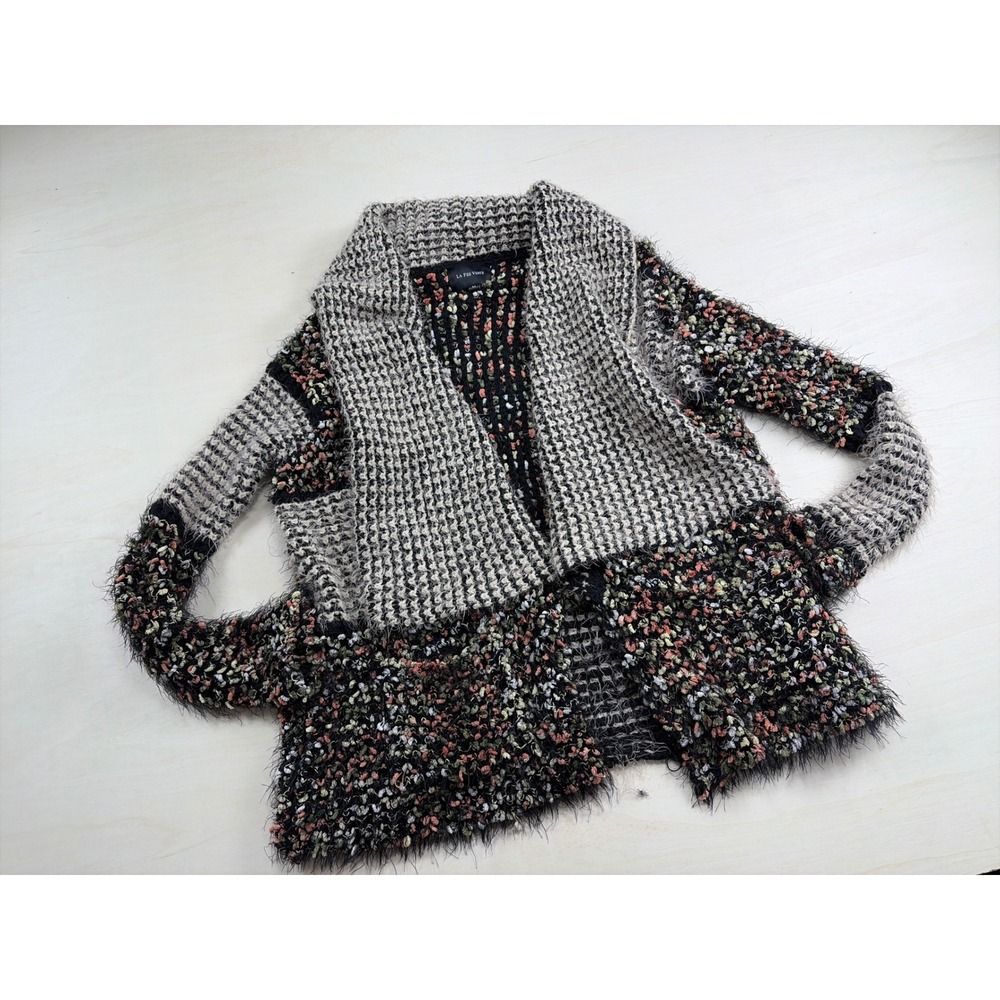 La Fee Verte Multi Texture Knit Cardigan Open Front Shawl Collar Sweater Medium